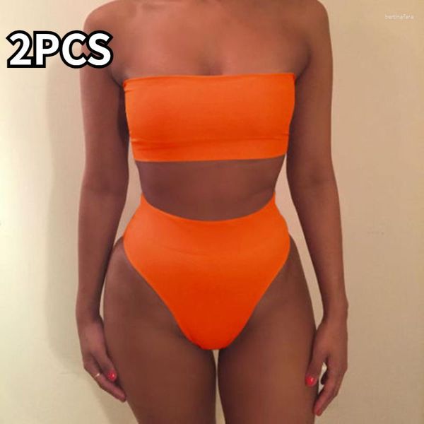 Maillots de bain pour femmes 2pcs femmes sexy bikini ensemble tube haut soutien-gorge taille haute slip maillot de bain sans bretelles solide couleur monokini mode maillot de bain