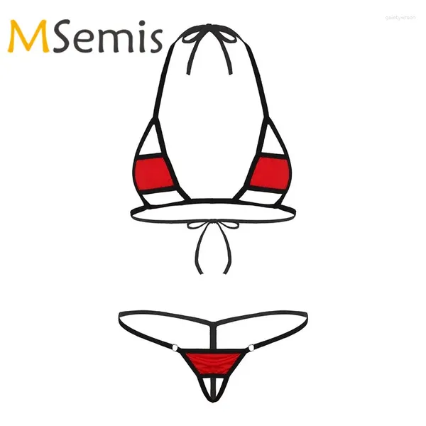 Maillots de bain pour femmes 2pcs femmes bikini maillot de bain lingerie ensemble licol cou auto-cravate mini micro soutien-gorge haut avec string slips sous-vêtements