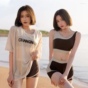 Swimwear Women's 3 in 1 Swimsuit 2024 Femme Two-Piece Set Triangle Bikini High Taie Corée Solid Spring Source
