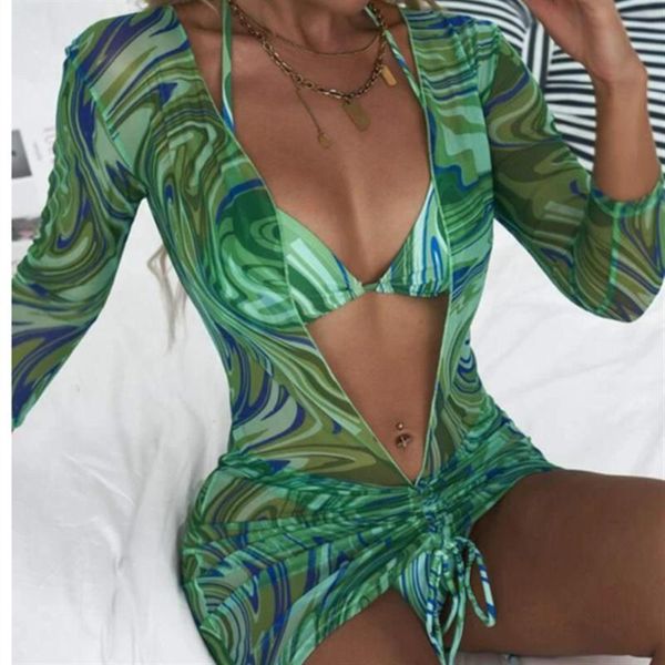 Traje de baño para mujer Paquete de 3 Bikini Traje de baño con camisa Cover Up Sets Mujeres Halter Tres piezas Impreso Triángulo de encaje Malla fruncida