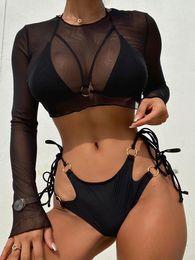 Vrouwen Badmode 3 STUKS Mesh Sheer Lange Mouwen Strappy Bikini Vrouwelijke Badpak Vrouwen Driedelige Set Bader Badpak zwemmen Dame