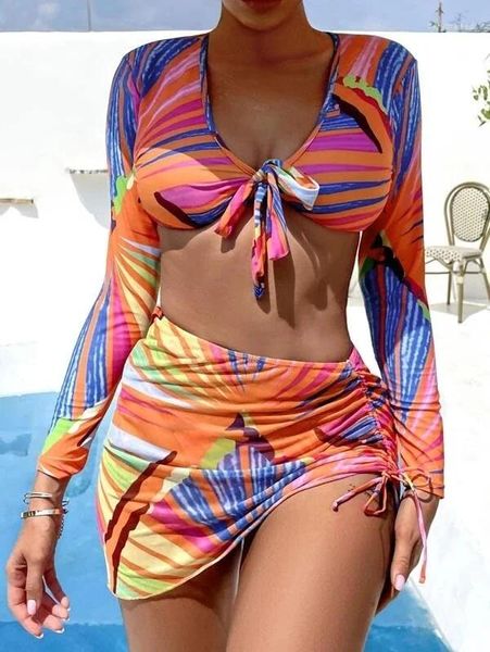 Traje de baño para mujer 3 piezas Color Stripes Bikini Ladies Split Traje de baño Mujeres Up Vikini Sexy Girl Nalgas Swimmwear Traje de baño