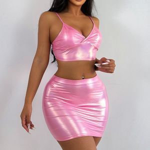 Dames Zwemkleding 3-delig Hoge taille bikiniset Dames Roze PU-leer Push-up top met plooirok Badpak 2024 Zomerbadpak Zwemkleding