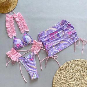 Traje de baño para mujer Conjunto de bikini de verano de 3 piezas con volantes estampado halter sujetador tiras bragas cubierta de cadera falda traje de baño