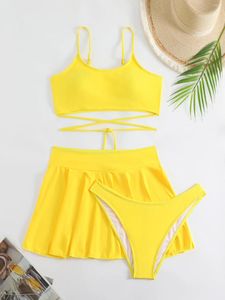 Maillots de bain pour femmes 3 pièces taille haute bikini ensemble 2024 femmes solide jaune croisé bandage push up maillot de bain plage maillot de bain jupe