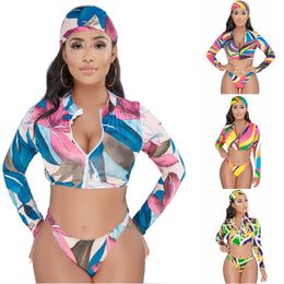 Dames badmode 3 stuks vrouwen print bikini set zwempak sexy bikini lange mouw ritssluiting crop tops badpak biquini plus maat