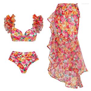 Swimwear féminin 3d Floral Two Pieces Bikini Print Femme Swimsuit 2024 Haute taille et Sarong Biquini Sépare