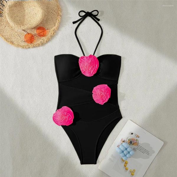 Swimwear féminin 3d Fleur Halter noir One Piece Sexy Sexume Femme 2024 Été Hollow Out Monokini Bathing Fissure Beach Swimming Wear