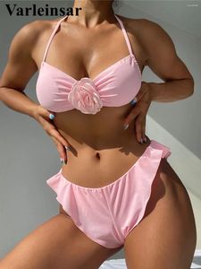 Swimwear féminin 3d Flower Halter Ruffled High Leg Cut Bikini Femme MAISSE Femme Two-pièces Set Bather Bathing Fissure Swim V5608