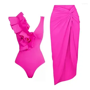 Swimwear Women's 3D Ruffle Color Color Block One Piece Sweins Sarong Sarong High Waist Bikini Bathing