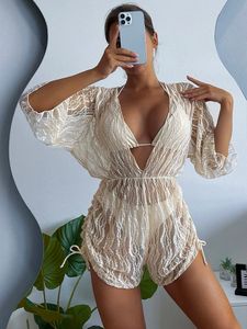 Traje de baño para mujer, paquete de 3, conjunto de bikini liso con cuello en V, Túnica ahuecada, cubierta suelta para mujer, con cordones, Bikini triangular con cuello Halter, traje de baño, ropa de playa 230417