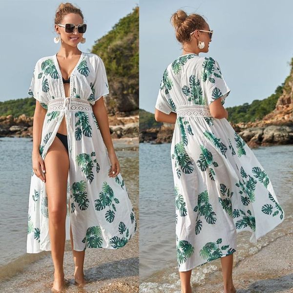 Traje de baño para mujer 40gc mujeres bikini traje de baño cubrir bohemia verde hojas de palma impresión kimono cardigan abierto frente corbata cintura playa vestido largo