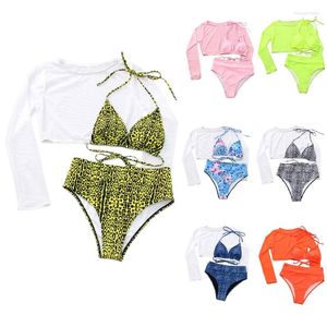 Dames badmode 40GC vrouwen sexy 3 stuks bikini zwempak set halter bh high taille string met mesh lange mouw crop top stevige kleur