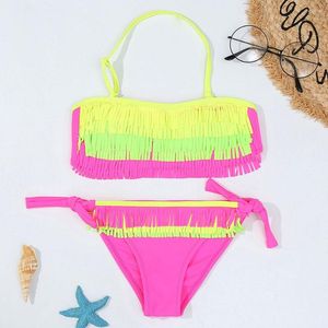 Dames badkleding 5-12 jaar Tassel Girls Swimsuit Kids Halter Top Bikini Set Fringe Two-Piece Children's Bathing Pak Beachwear