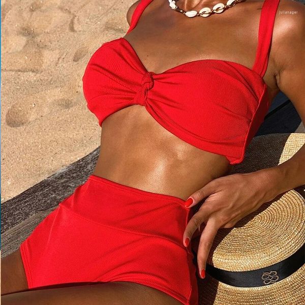 Traje de baño de mujer (5 colores) Bikini de cintura alta de color sólido Traje de baño de dos piezas Playa de verano de damas europeas y americanas