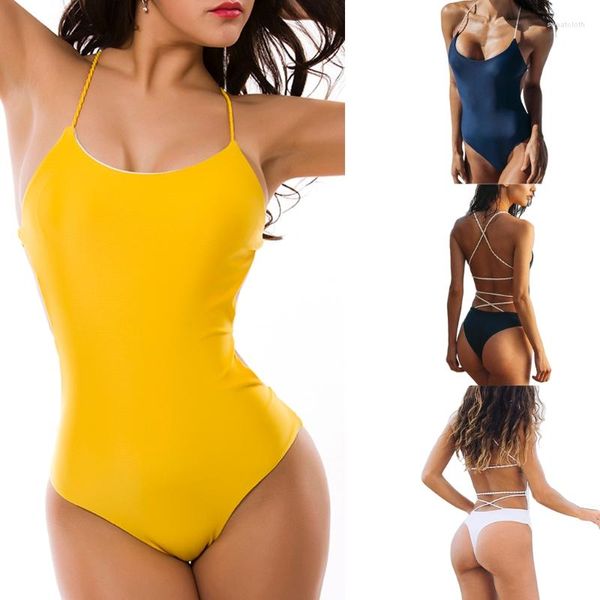 Traje de baño de mujer 652D Traje de baño de una pieza de color sólido con cuello halter sin espalda sexy para mujer