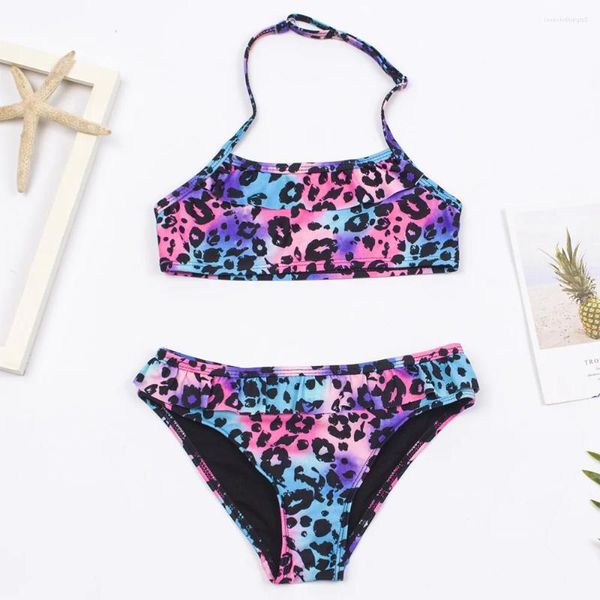 Swimwear pour femmes 7-14 ans Falbala Leopard Print Girls Kids Swimsuit 2024 Kid Summer Bikinis Set Children Halter Biquini Suite