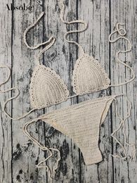 Damen-Bademode, Absobe, gestrickt, hohl, handgefertigt, gehäkelt, Bikini-Set, Damen-Bademode, sexy Neckholder-Badeanzug, Hottie-Outfit, Sommerurlaub, Strandkleidung, T231215