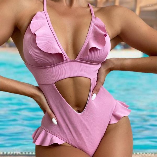 Traje de baño de mujer Correa de hombro ajustable Slim Fit Summer Cut Out Flying Trim Romper Traje de baño Body