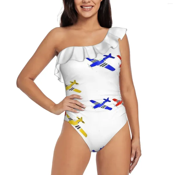 Swimwear féminin Airplane bleu rouge jaune maillot de bain une épaule Ruffle Sexy Monokini Girl Beach