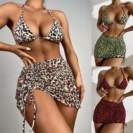 Dames Swimwear Amazon's Leopard Print Hanging Neck Bikini Swimsuit Europeaan en Amerikaanse sexy mesh rokstijl Three Piece split