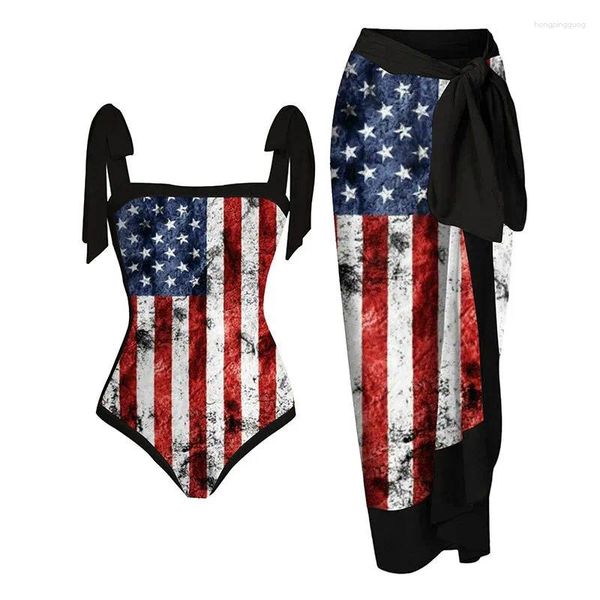 Traje de baño para mujer Bandera americana Impreso Traje de baño Mujeres 2023 Falda de cintura alta Bikini Dos piezas Slim Monokini Suspender Tie-up Traje de baño