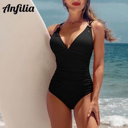 Swimwear féminin Anfilia Femmes One Piece MAINTURATION SEXE SEXE V COU COUP HIGH COUPE RUCHED MONOKINI Couleur solide