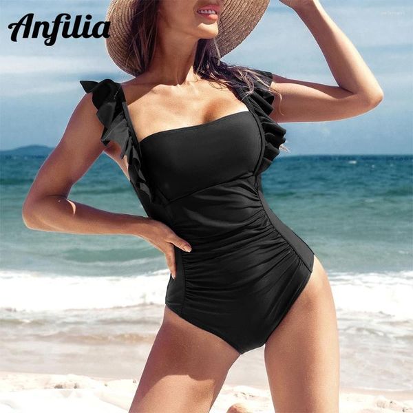 Swimwear de mujeres Anfilia para mujer una pieza de vela de vías de collar con hoja de loto de color sólido monokini trajes de baño