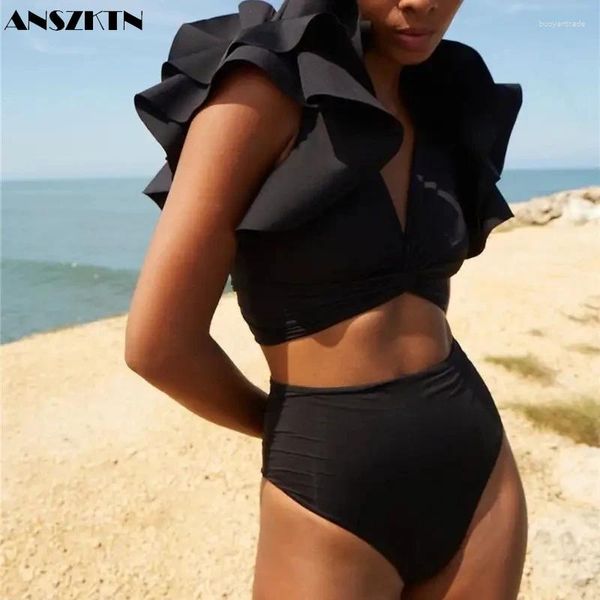 Swimwear féminin Anszktn High Waist Massuit de bain Beachwear Black Color Bikini Ensemble de deux pièces pour les femmes Ruffle OEM