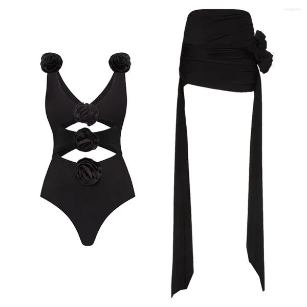 Swimwear féminin Ashgaily 2024 Fleur 3D Fleur un morceau de maillot de bain avec jupe découpée Femmes Femmes monokini bodys de bodys de bain