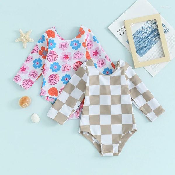 Maillots de bain pour femmes Baby Girl Maillot de bain à manches longues Col V Col avant Noué Arbre Fleur Rash Guard Infant Toddler Petit Maillot de bain