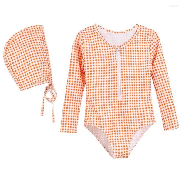 Traje de baño para mujer Baby Girl Traje de baño de una pieza Plaid Manga larga Primavera Cremallera Estilo de playa Niños