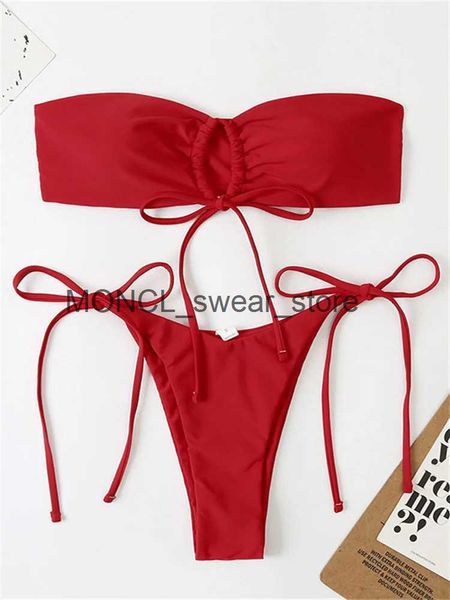 Maillots de bain pour femmes Bandeau Bikini Femmes Sexy Rouge Noir Plissé À Lacets Maillot De Bain 2023 Découpé Plage Maillot De Bain Cravate String BikinisH24222