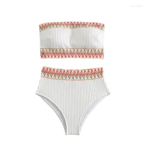Swimwear féminin Bandeau High Waited Bikini Patchwork Patchwork Contrôlement côtelé sans bracelet en deux pièces