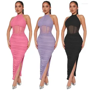 Maillots de bain pour femmes Vêtements de plage Femmes 2024 Beachwear Cover Up Outlet Femme Vêtements Robe Cou Sans Manches Maille Slit Sexy Party Solide