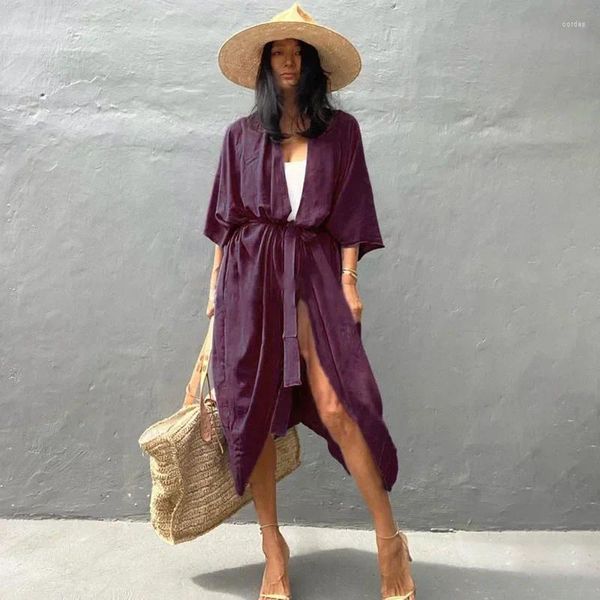 Traje de baño para mujer Playa Cover Up Kimono Mujeres Verano Pareo Traje de baño Cabo Sólido Bohemio Túnica Vestidos Trajes de baño Drop