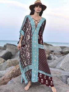 Trajes de baño para mujeres Beach Cover Ups para mujeres India Folk Vintage Lace Up V Neck Tassel Maxi Kaftans Vestidos Trajes de baño Beachwear Factory