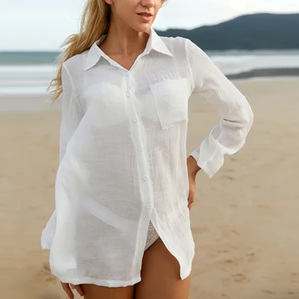 Traje de baño para mujer Cubierta de playa para mujer Traje de baño Traje de baño de manga larga Bikinis de algodón Cubrir camisa Traje de baño Ups Piscina