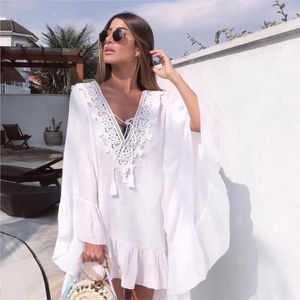 Dames Zwemkleding Strandjurk Zomer Dames 2023 Cover Up Pure Kleur Kant Batwing Buitenbikini Een Stuk Kiel Effen Polyester Bad