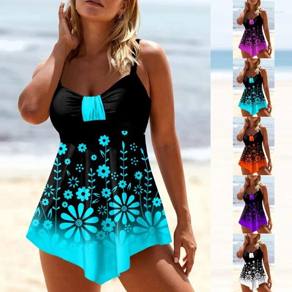 Traje de baño para mujer Playa Traje de baño de cintura baja Sexy Verano Giratorio Pequeña flor Impreso Arco de dos piezas S-6XL