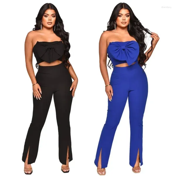 Traje de baño para mujer Playa Pareo para mujer Ropa Traje de baño Trajes de vacaciones Chaleco cubierto Slit Micro Pantalones recortados Conjunto de dos piezas Sólido