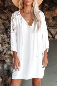 Vrouwen Badmode Strand Zonnebrandcrème V-hals Kant Katoenen Jurk 7/4 Mouwen Bikini Vakantie Tuniek Tops Cover Ups Voor Vrouwen