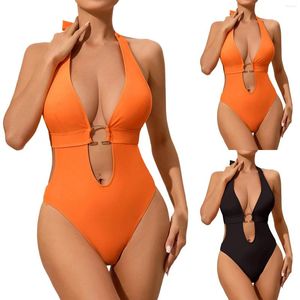 Swimwear pour femmes Portez des maillots de bain d'été Deep V Neck Sexy Sexy Femmes Halter Lace Up Cut Out Solid Monokini High Taist Slim Push