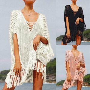 Maillots de bain femme maillots de bain femmes tricoté au crochet plage couvrir tunique robe coupe ample manches 3/4 transparent évider gland maillot de bain