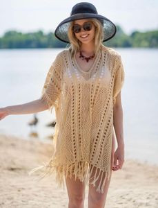 Dames badmode beige gehaakte tuniek sexy uitgehold doorzichtige mini-jurk met franjes zomerkleding dames strandkleding zwempak bedekken