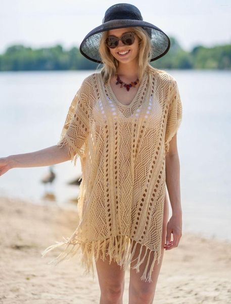 Maillots de bain pour femmes tunique au crochet beige sexy évider voir à travers mini robe à franges vêtements d'été femmes vêtements de plage maillot de bain couvrir