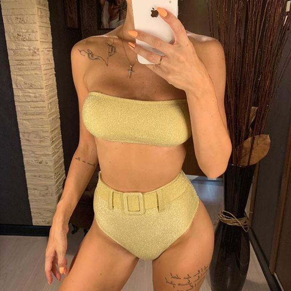 Traje de baño para mujer con cinturón brillante de cintura alta Bandeau Bikini Set 2021 traje de baño femenino para mujer traje de baño sólido de dos piezas sin tirantes