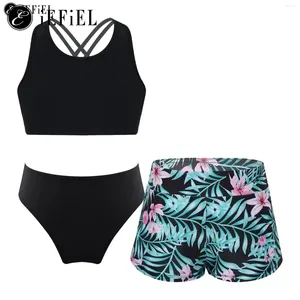 Swimwear féminin Big Girls 3 PCS Swimsuit Athletic Crisscross Top avec bref short de plage de plage Ballet Dance Sports Tenue