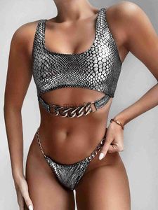 Maillots de bain pour femmes Bikini 2022 Sexy Bronzing Snakeskin Chaîne en métal Maillots de bain Maillot de bain Femmes Bikinis Set Maillot de bain Beach Bikini Femme Push Up J230704