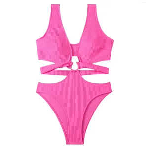 Dames zwemkleding bikini 2024 dames solide kleur pitstrepen cirkel een stuk zwempak sexy mode drie punt strand strand